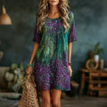 Women's Vintage Romantic Floral Art Linen Blend Round Neck Mini Dress