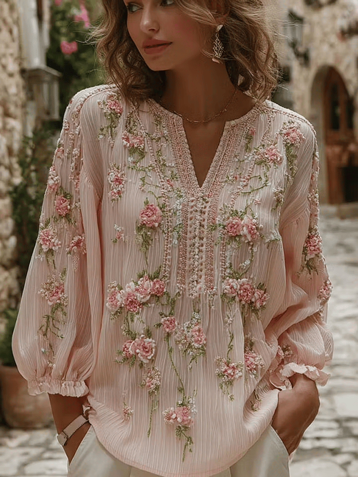 Women's Casual Retro Long-Sleeve Top with Breast Cancer Awareness Floral Print