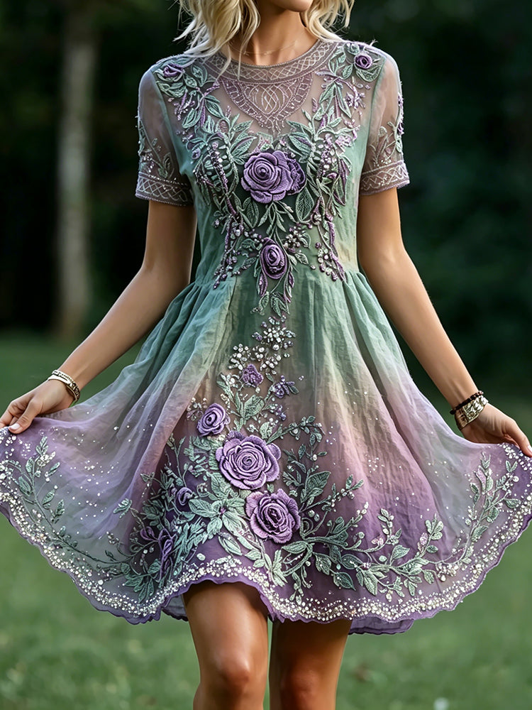 Women's Vintage Celtic Knot Floral Art Print Linen Crew Neck Short Sleeve Midi Dress