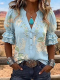 Women's Western Vintage Floral Embroidered Printed Blouse