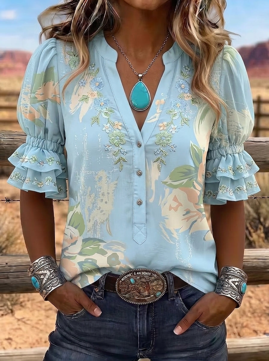 Women's Western Vintage Floral Embroidered Printed Blouse