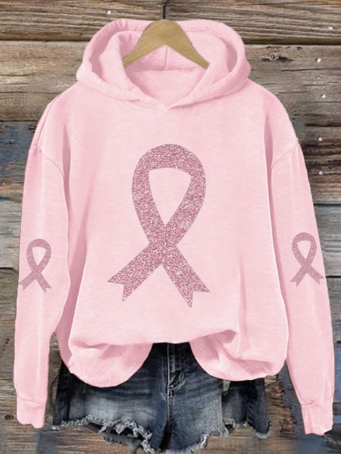 Womens Breast Cancer Sequin Pink Ribbon Hoodie
