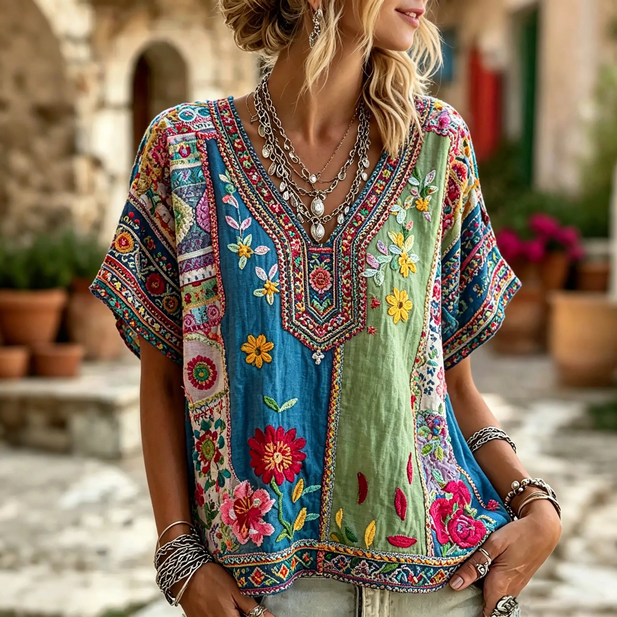 Women's Retro Floral Patchwork Art Ethnic Pattern Embroidered Cotton Linen V-neck T-shirt