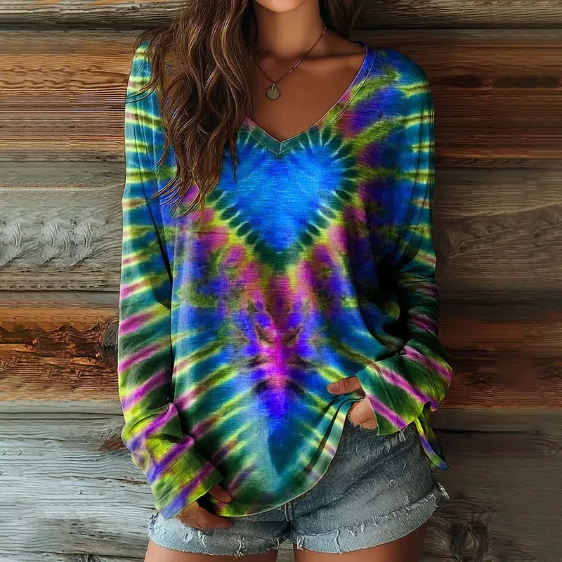 Women's Hippie Heart Tie-dye Art Print Casual V-neck Long Sleeve T-shirt