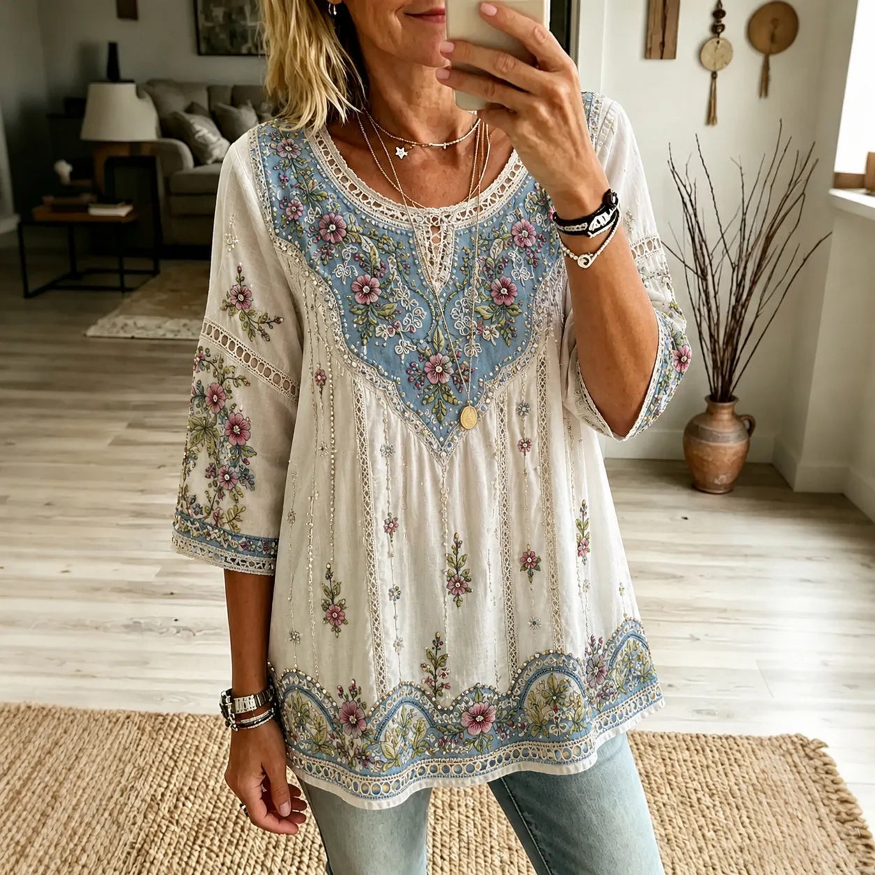 Women's Vintage Boho Floral Art Crew Neck Linen Blend T-shirt