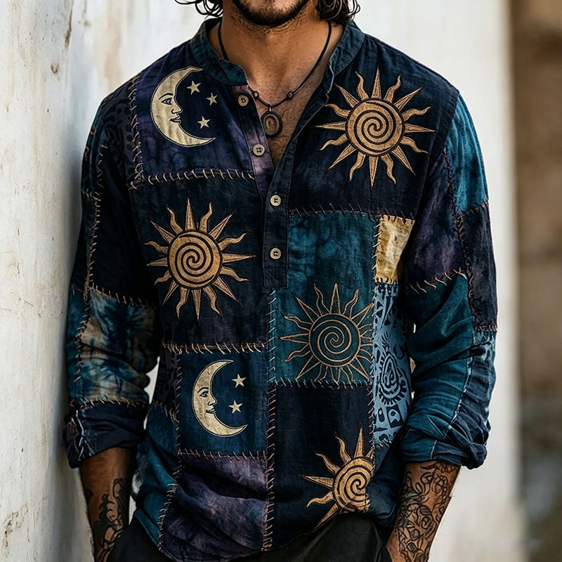Men's Boho Tie Dye Sun Moon Spiral Patchwork Art Print Half Button Long Sleeve Shirt