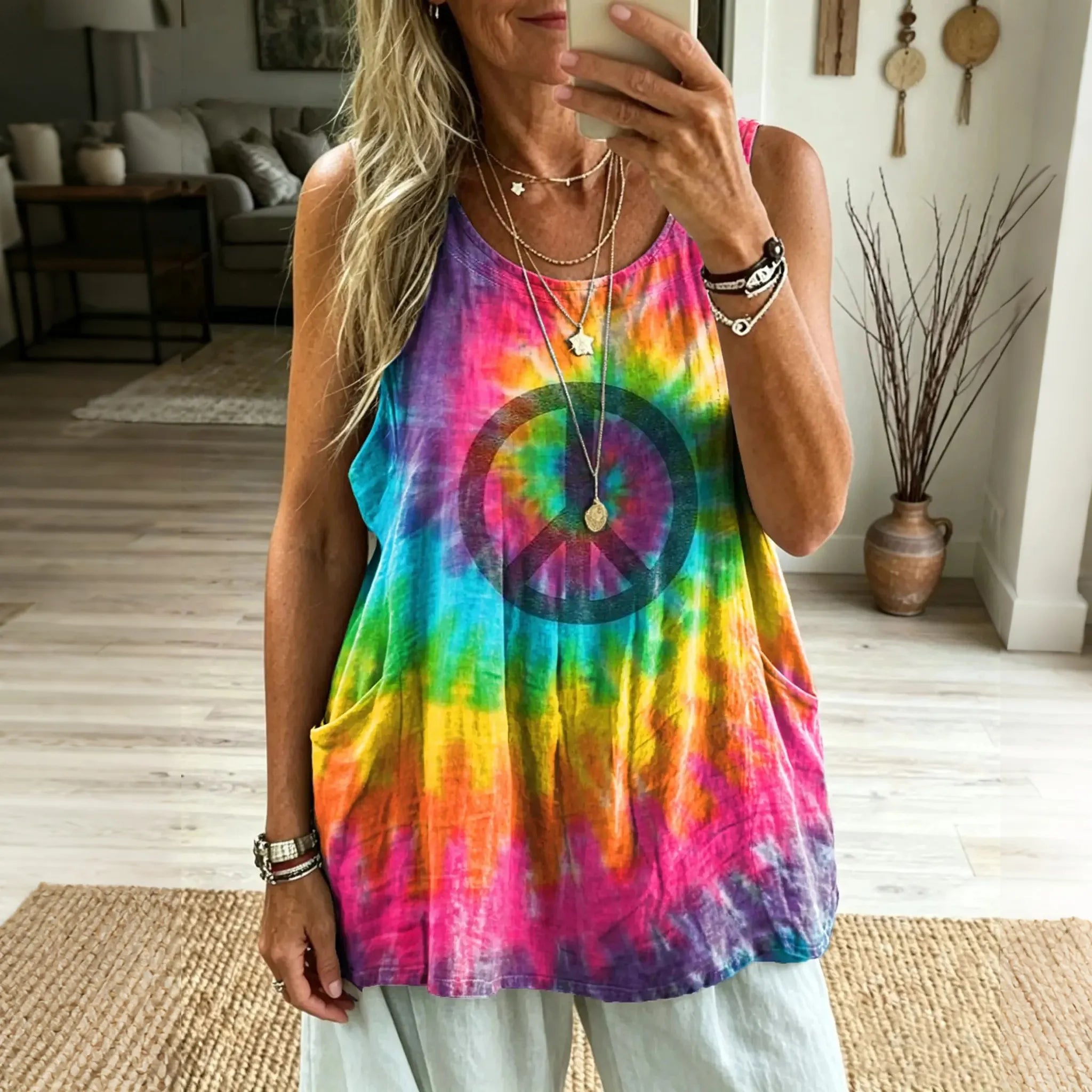 Women's Tie-dye Hippie Print Linen Vest