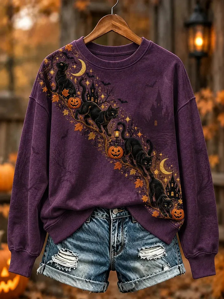 Women's Halloween Fun Cat-print Crewneck Sweatshirt