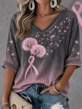 Women's Dandelion & Pink Ribbon Art Pattern Comfortable V-Neck T-Shirt