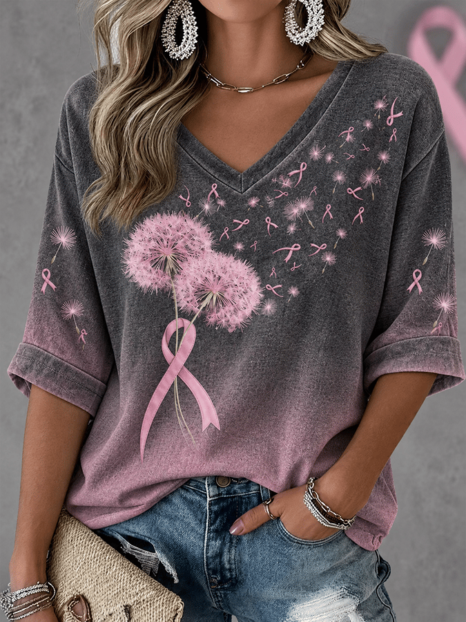 Women's Dandelion & Pink Ribbon Art Pattern Comfortable V-Neck T-Shirt