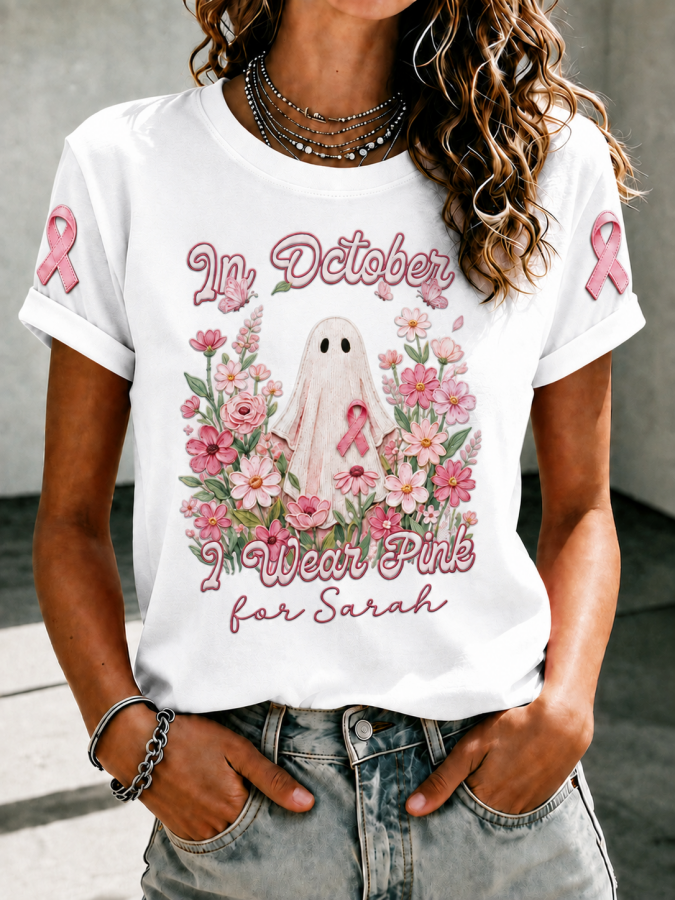 Women'S In October We Wear Pink Printed Casual T-Shirt