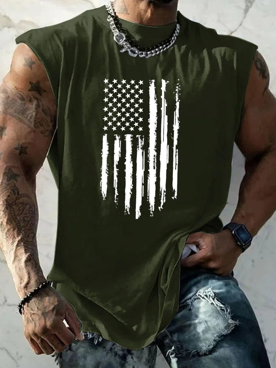 America Flag Pattern Round Neck 100% Cotton Tank Top