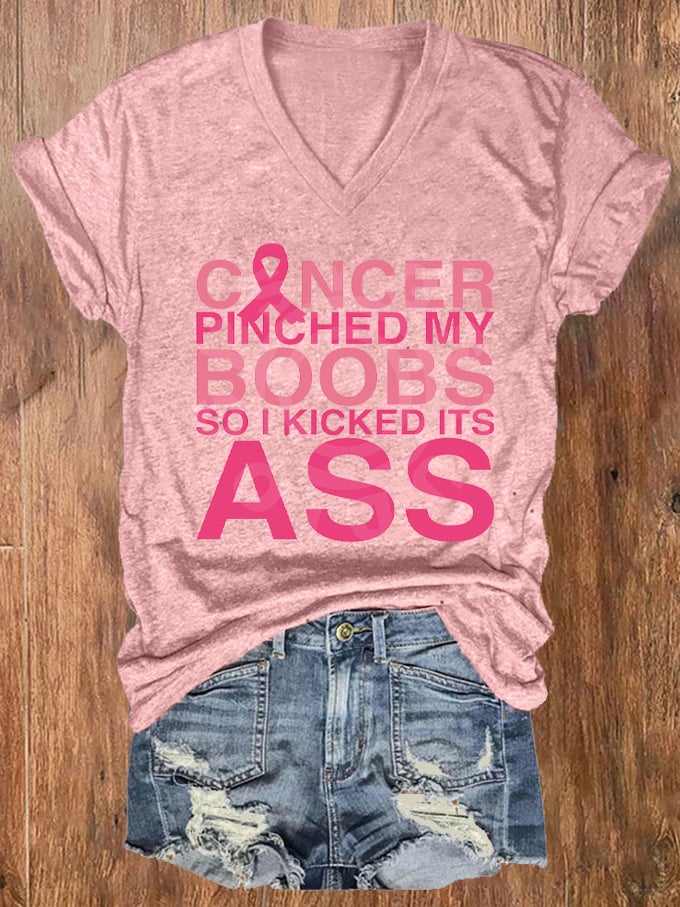 Women's Cancer Touched My Boob So I Kicked It Ass Breast Cancer Printed V-Neck T-Shirt