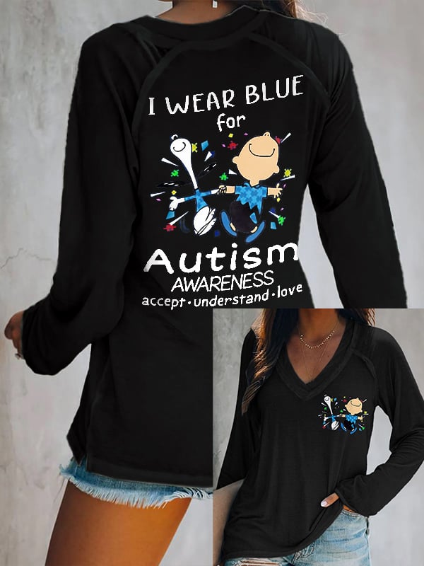 V-neck Retro Autism Awareness I Wear Blue For Autism Print T-Shirt