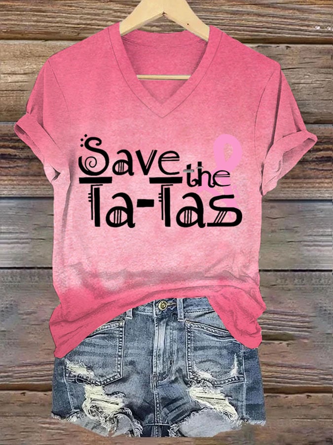Women's  Breast Cancer Awareness Save the Ta-Tas   Printed Short-Sleeved T-Shirt