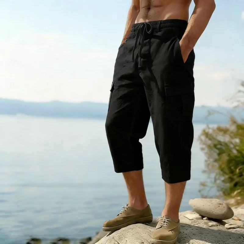 Men's Linen Cargo Pants Drawstring Multi-Pocket Straight Leg Breathable Outdoor Beach Classic Casual Pants