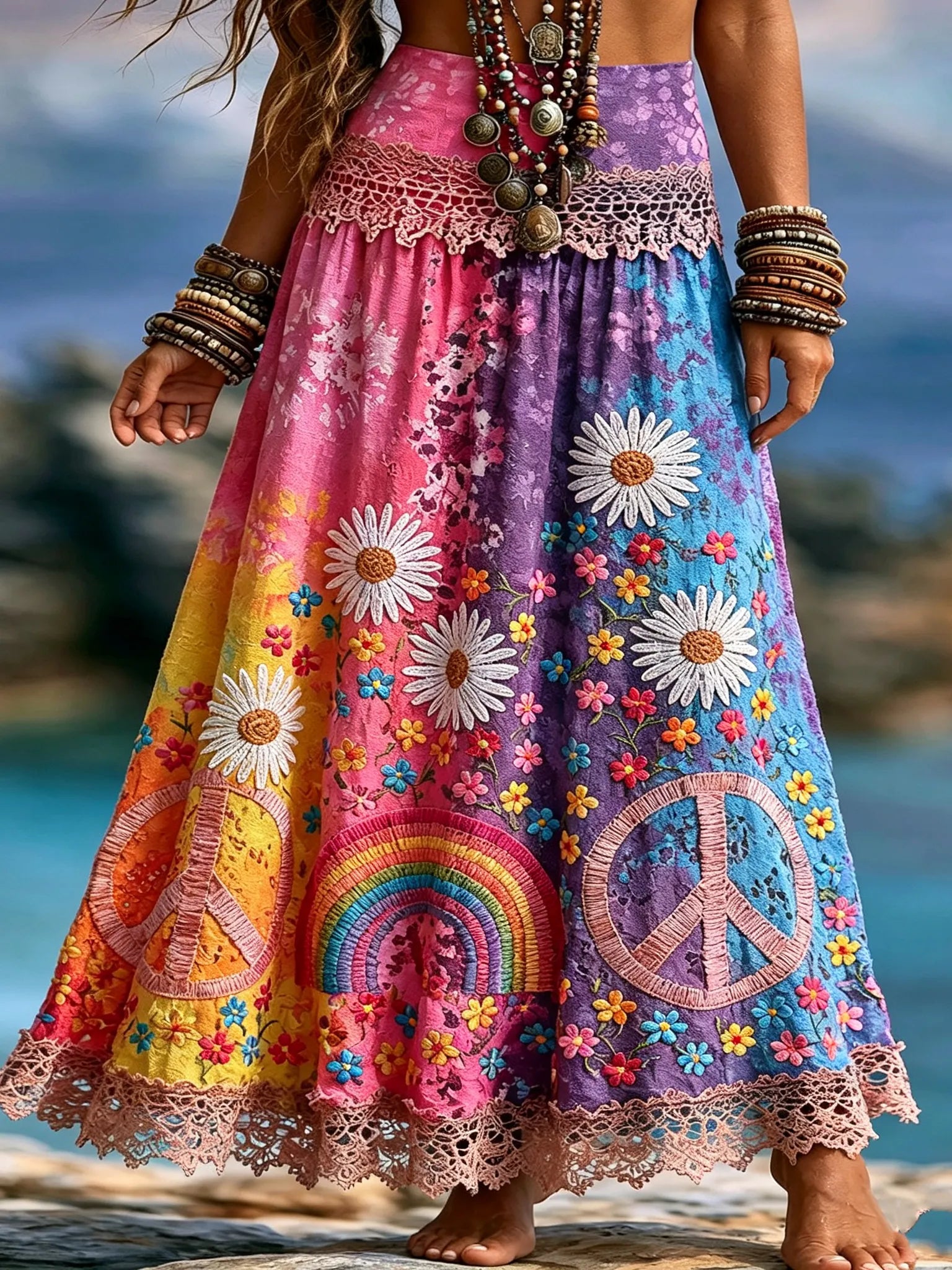 Women's Retro Hippie Peace And Floral Embroidery Pattern Casual Midi Skirt
