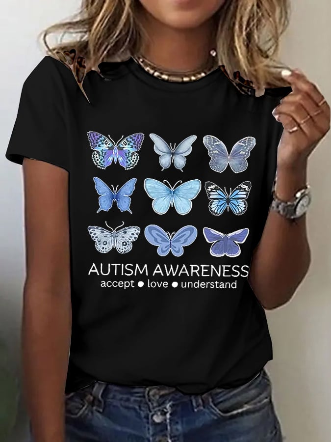 Women's Retro Autism Awareness Accept Love Understand Print T-Shirt