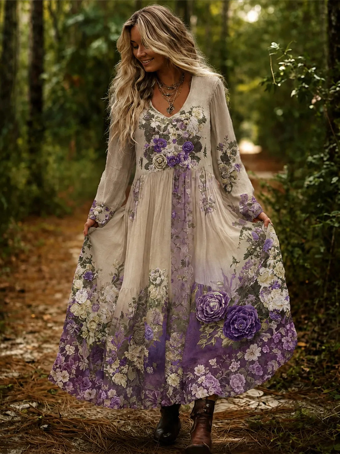 Vintage Classy Gradient Purple Lavender And Floral Embroidered Maxi Dress