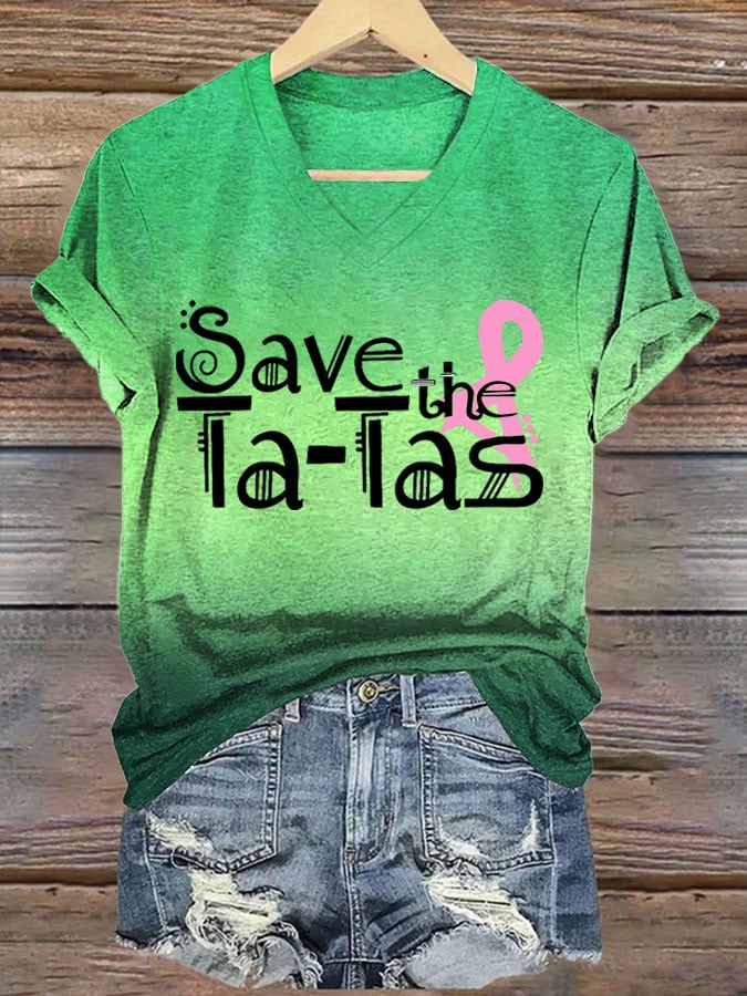 Women's  Breast Cancer Awareness Save the Ta-Tas   Printed Short-Sleeved T-Shirt
