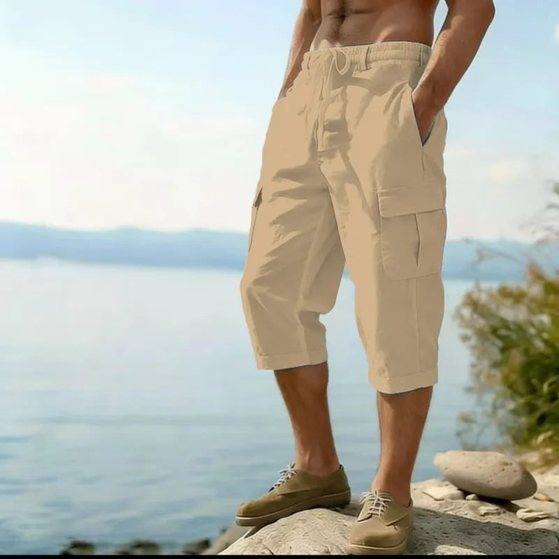Men's Linen Cargo Pants Drawstring Multi-Pocket Straight Leg Breathable Outdoor Beach Classic Casual Pants