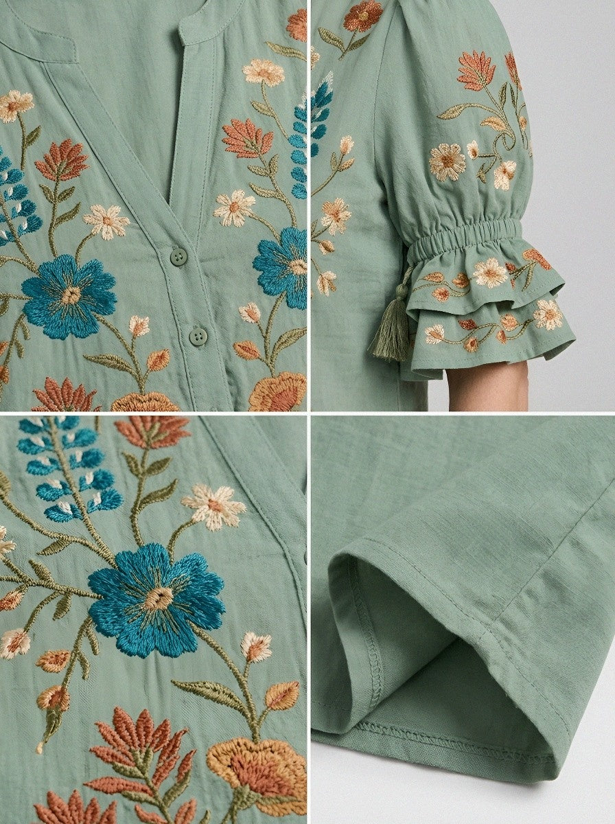 Women's Western Vintage Floral Embroidered Printed Top