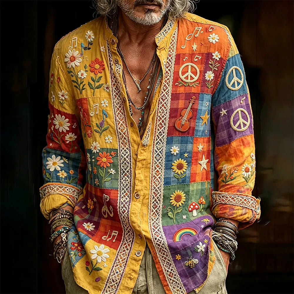 Men's Peace Symbol And Music Hippie Collage Art Print Casual Shirt