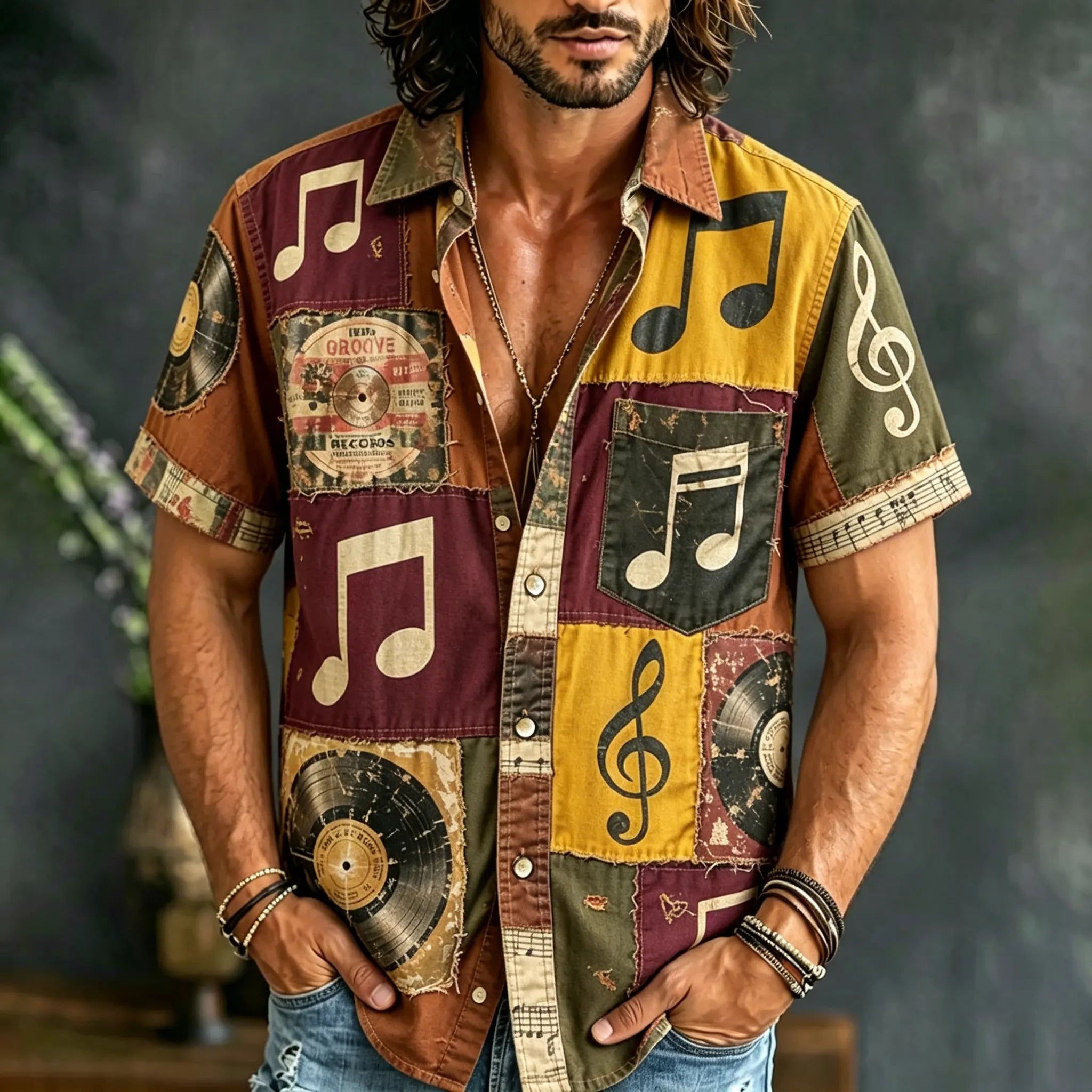 Men's Hippie Music Patchwork Art Print Casual Shirt