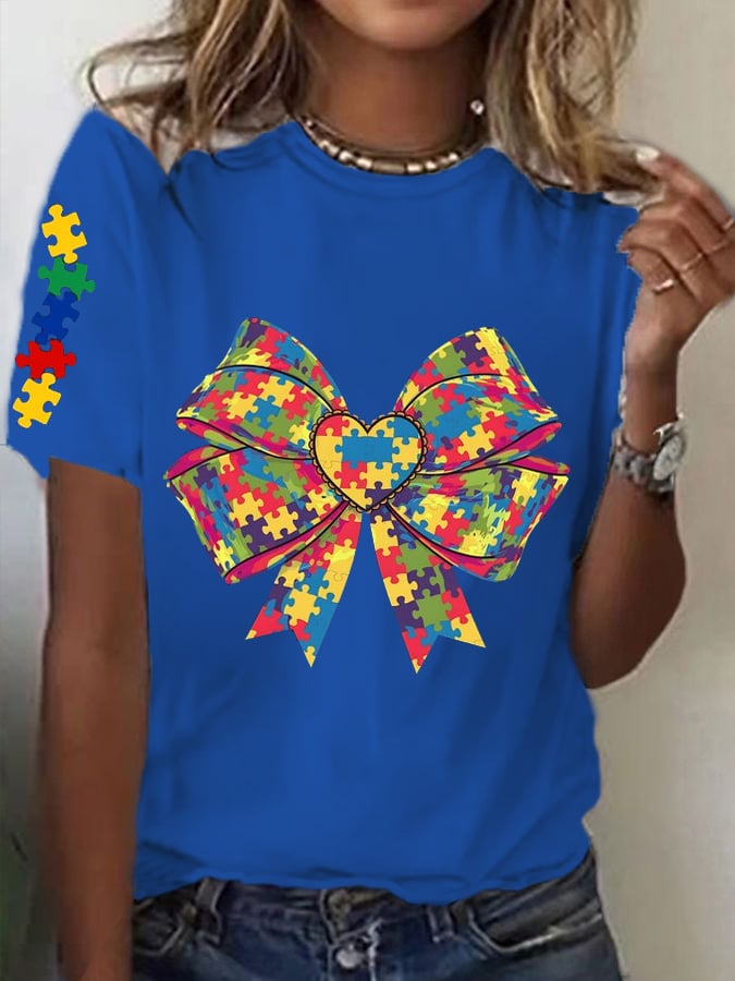 Women's Autism Awareness Bow Design Printed Casual T-Shirt