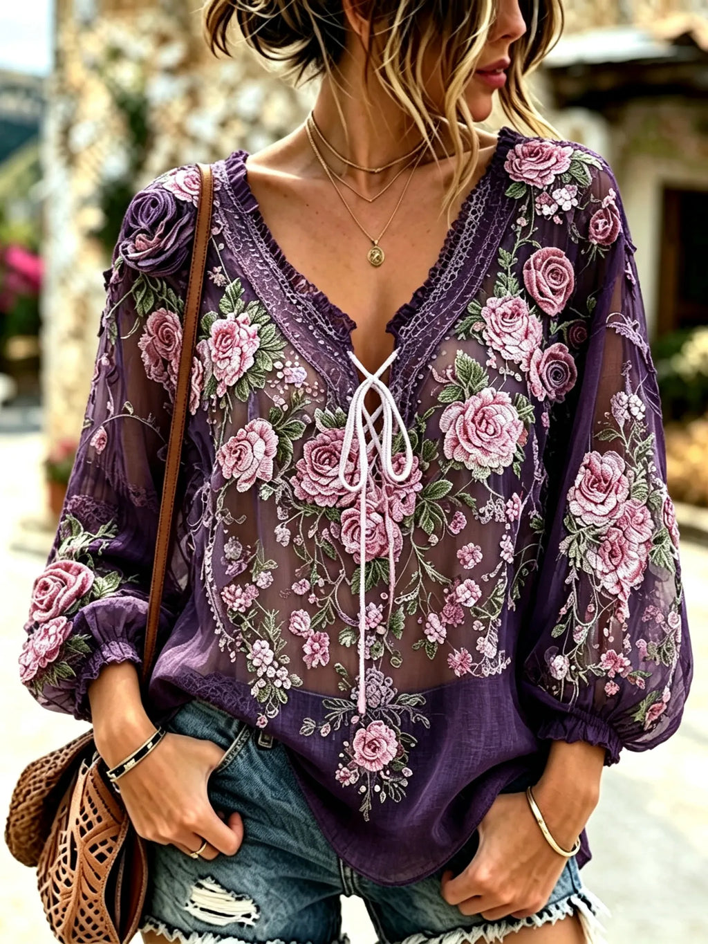Women's Vintage Purple Floral Art Lace Up Linen Blend Blouse