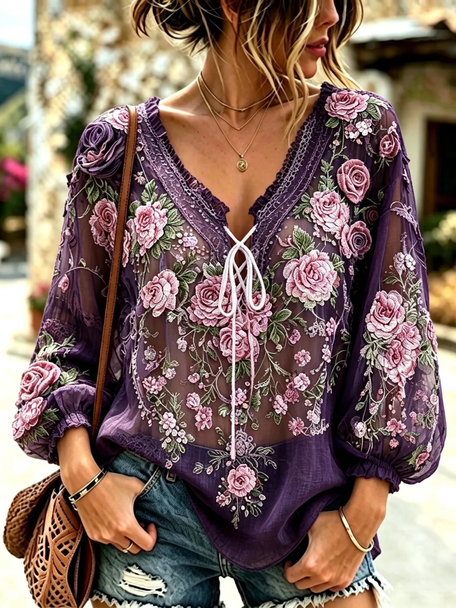 Women's Vintage Purple Floral Art Lace Up Linen Blend Blouse