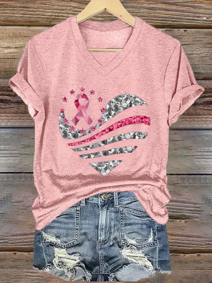 Women's Breast Cancer Awareness Pink Ribbon Print V Neck T-shirt