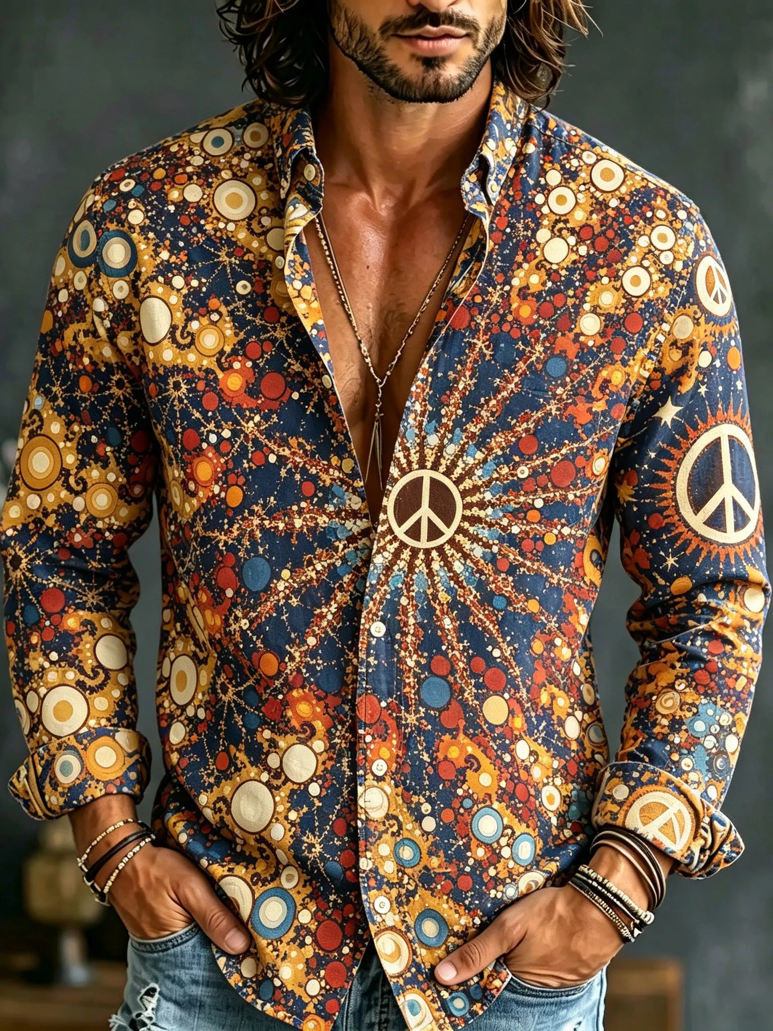 Men's Retro Casual Hippie Print Long-sleeved Cotton Linen Shirt