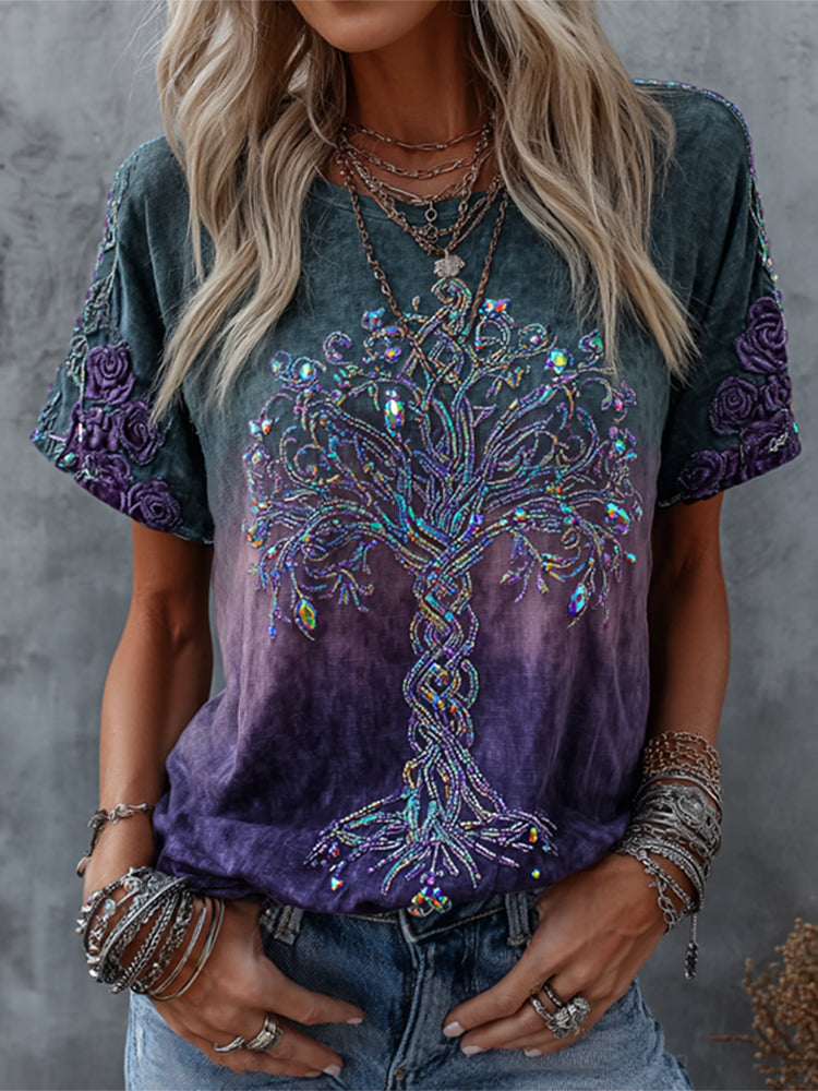 Women's Retro Tree Of Life Floral Art Cotton Linen Casual T-shirt