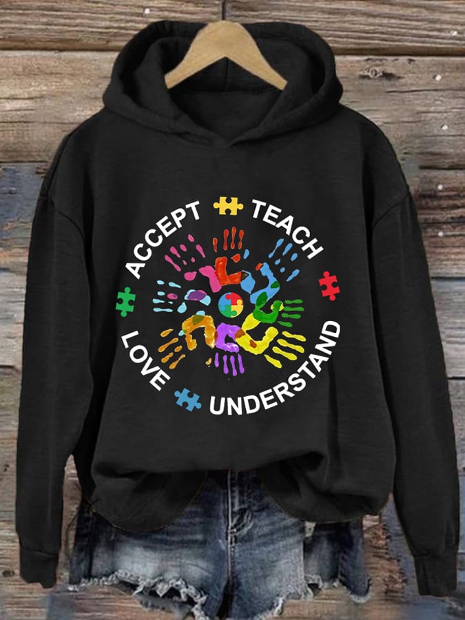 Women's Autism Teach Love Understand Print Hoodie