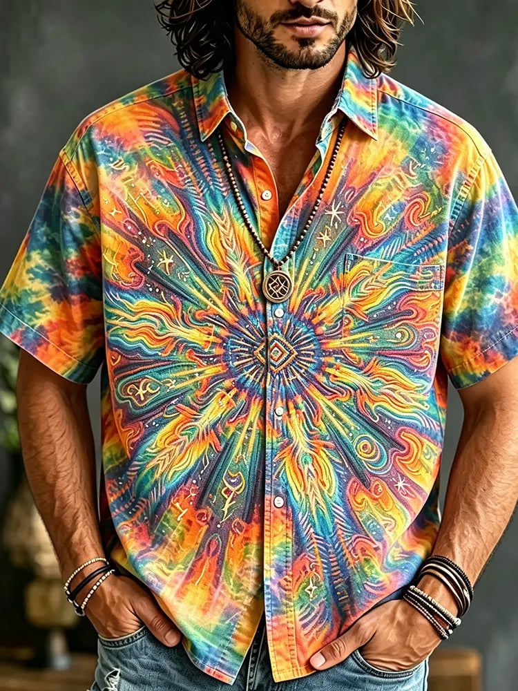 Men's Bohemian-style Tie-dye Short-sleeved Button-down Shirt, Decorated With Sunburst Mandala And Geometric Patterns.