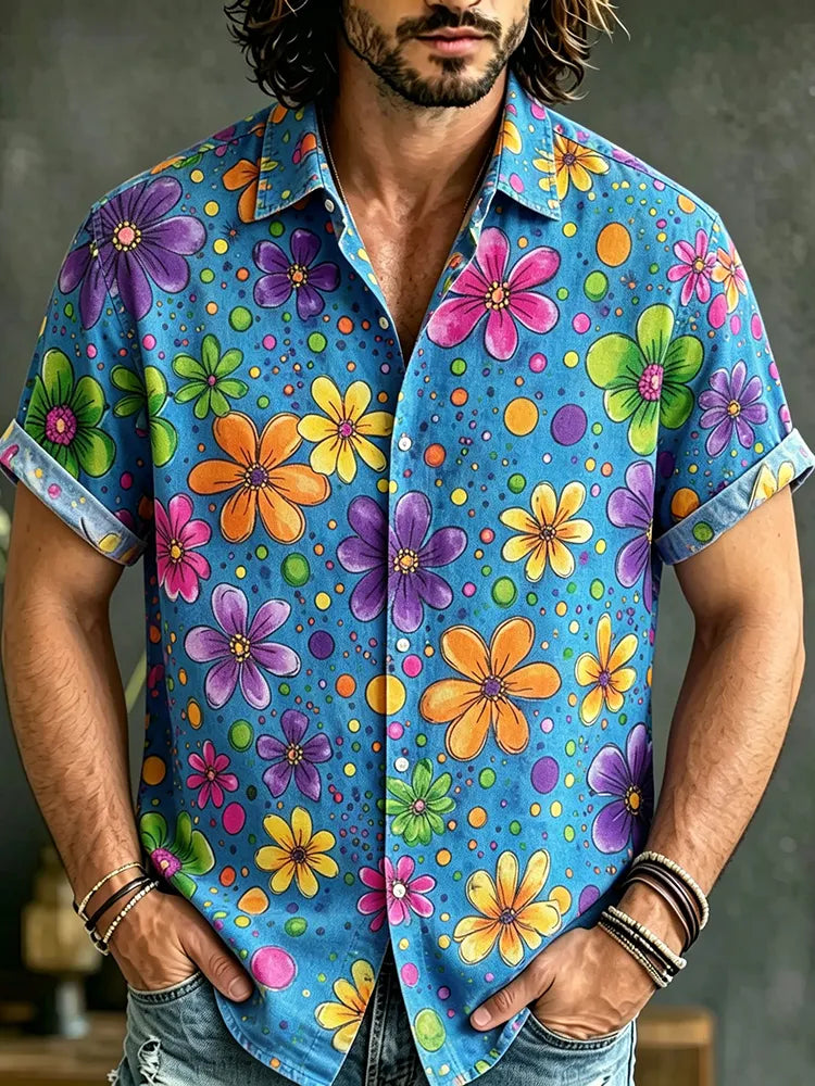 Men's Retro Hippie Floral Art Print Casual Shirt