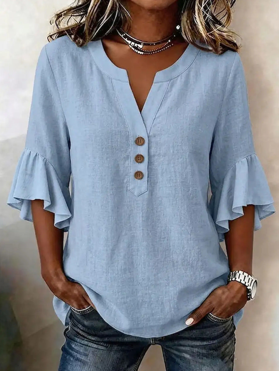 Women'S Solid-Color V-Neck 3/4-Sleeve Casual Loose Cotton-Linen Top
