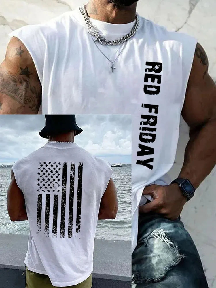 Red Friday America Flag Pattern Round Neck 100% Cotton Tank Top