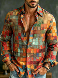 Men's Hippie Color Block Art Patchwork Print Casual Long Sleeve Linen Shirt