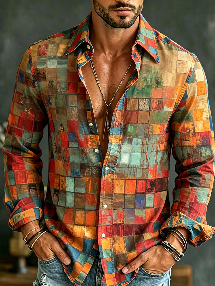 Men's Hippie Color Block Art Patchwork Print Casual Long Sleeve Linen Shirt
