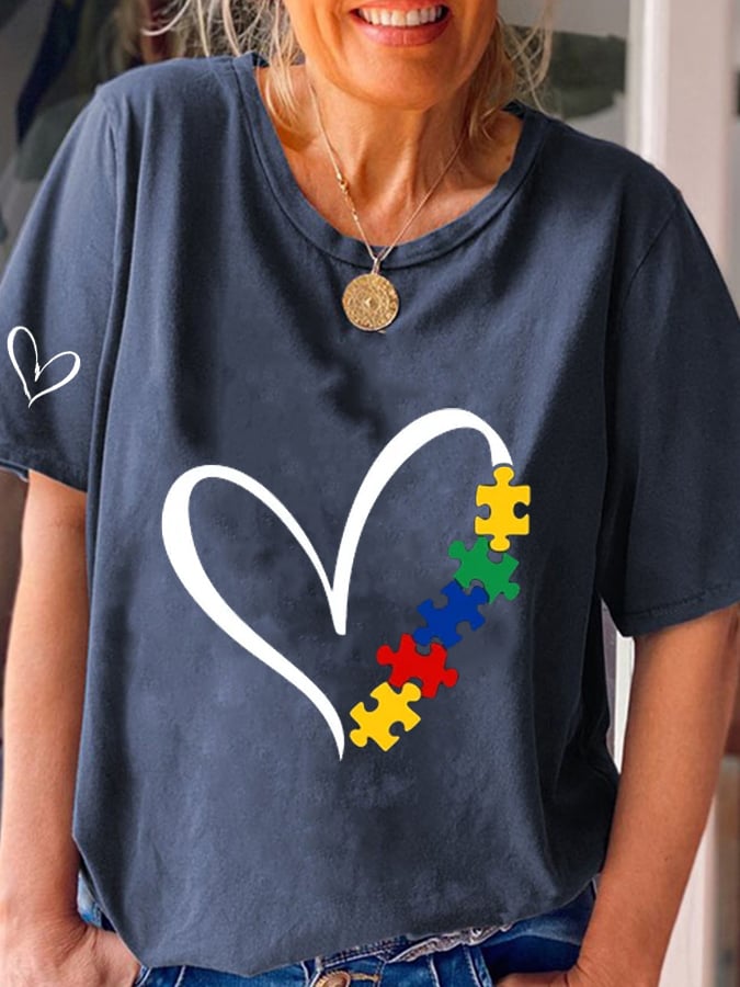 Women's Autism Heart Awareness Printed Casual T-Shirt