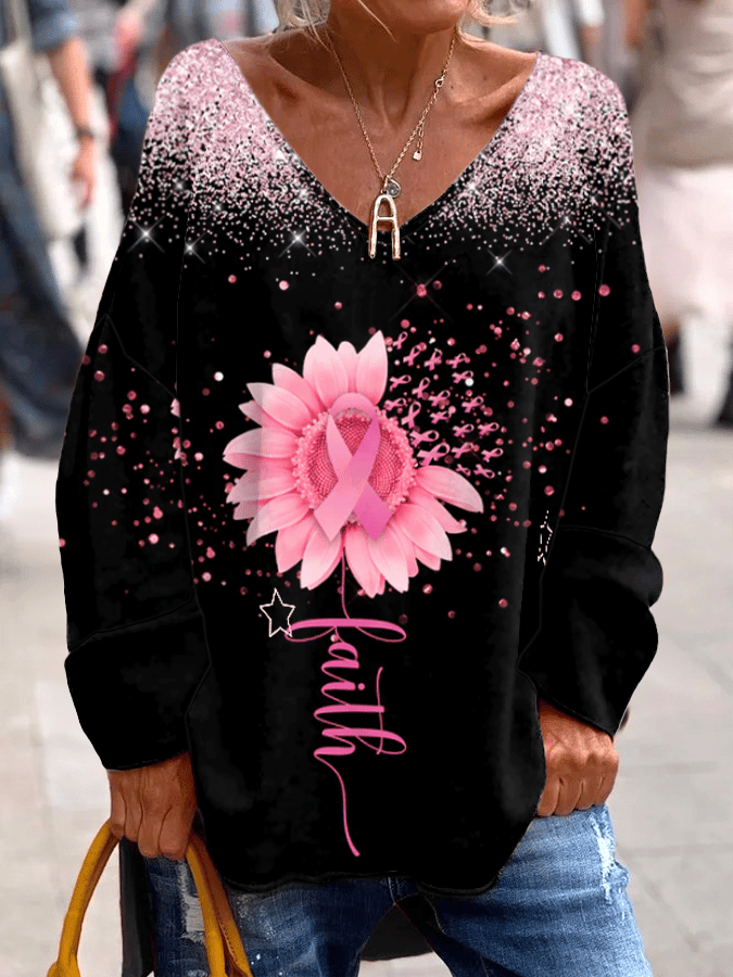 Women's Breast Cancer Sequin Print Casual Long Sleeve T-Shirt