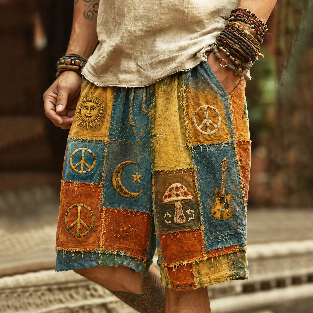 Men's Hippie Sun Moon Peace Geometric Patchwork Print Print Casual Shorts