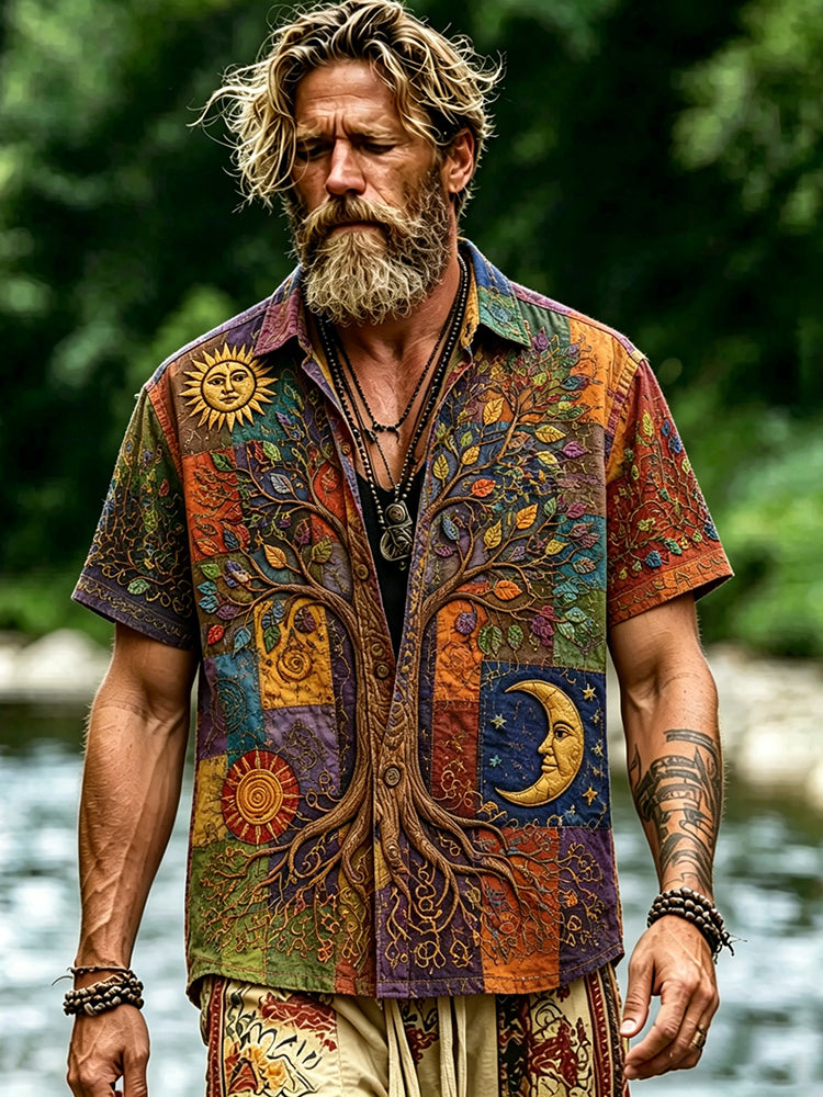 Men's Vintage Hippie Patchwork Tree Of Life Sun Moon Art Print Short Sleeve Shirt