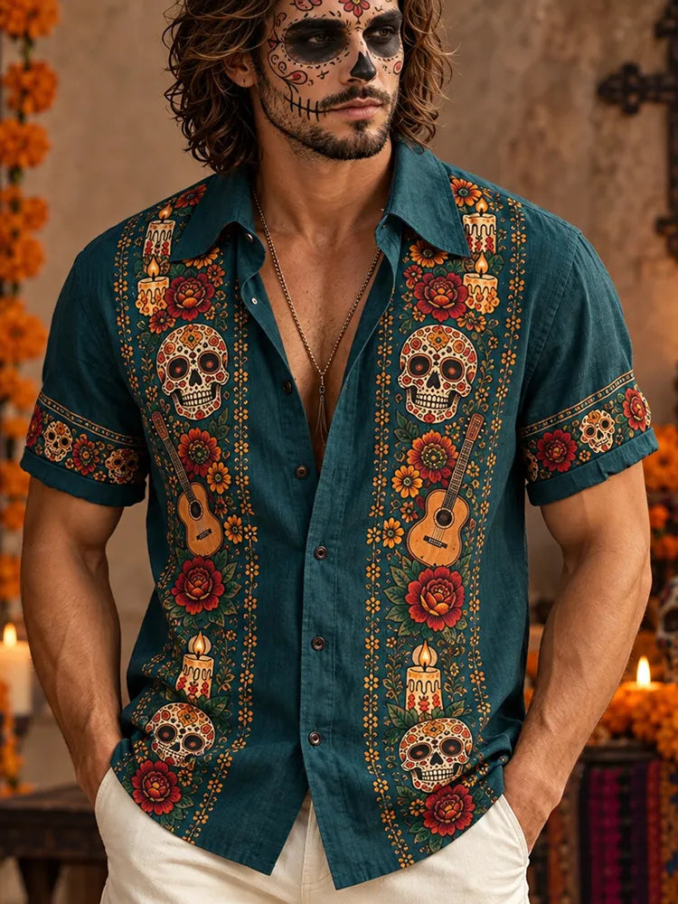 Men‘s Retro Mexico Day Of The Dead Sugar Floral Skull Printed Shirt
