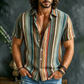 Men's Retro Striped Color Block Cotton Linen Shirt