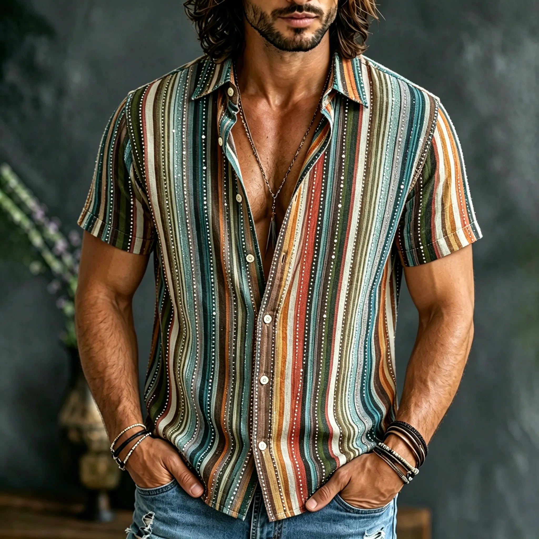 Men's Retro Striped Color Block Cotton Linen Shirt