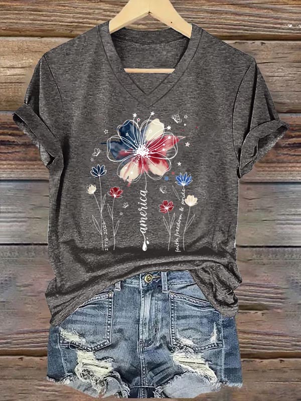 America1776-2026 Faith Freedom Pride Pattern Print V Neck Casual T-Shirt