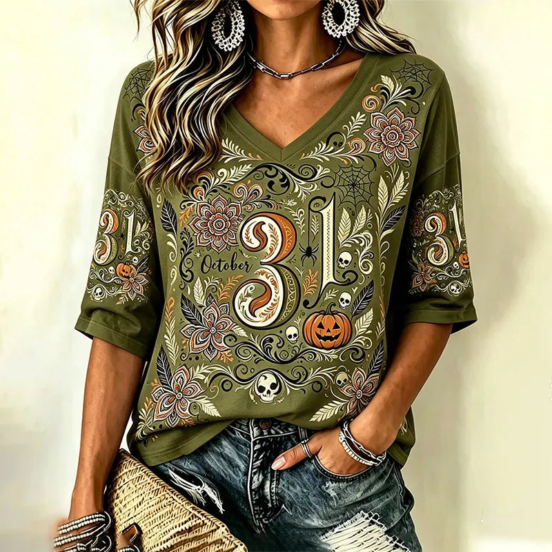 Women's Halloween Date Plant And Flower Short-sleeve Top